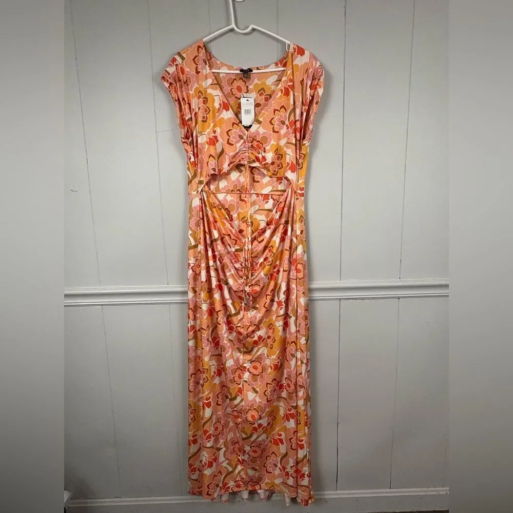 NWT AFRM Anthropologie Lizette Coral Floral Cutout Slinky Maxi Dress 2X Boho